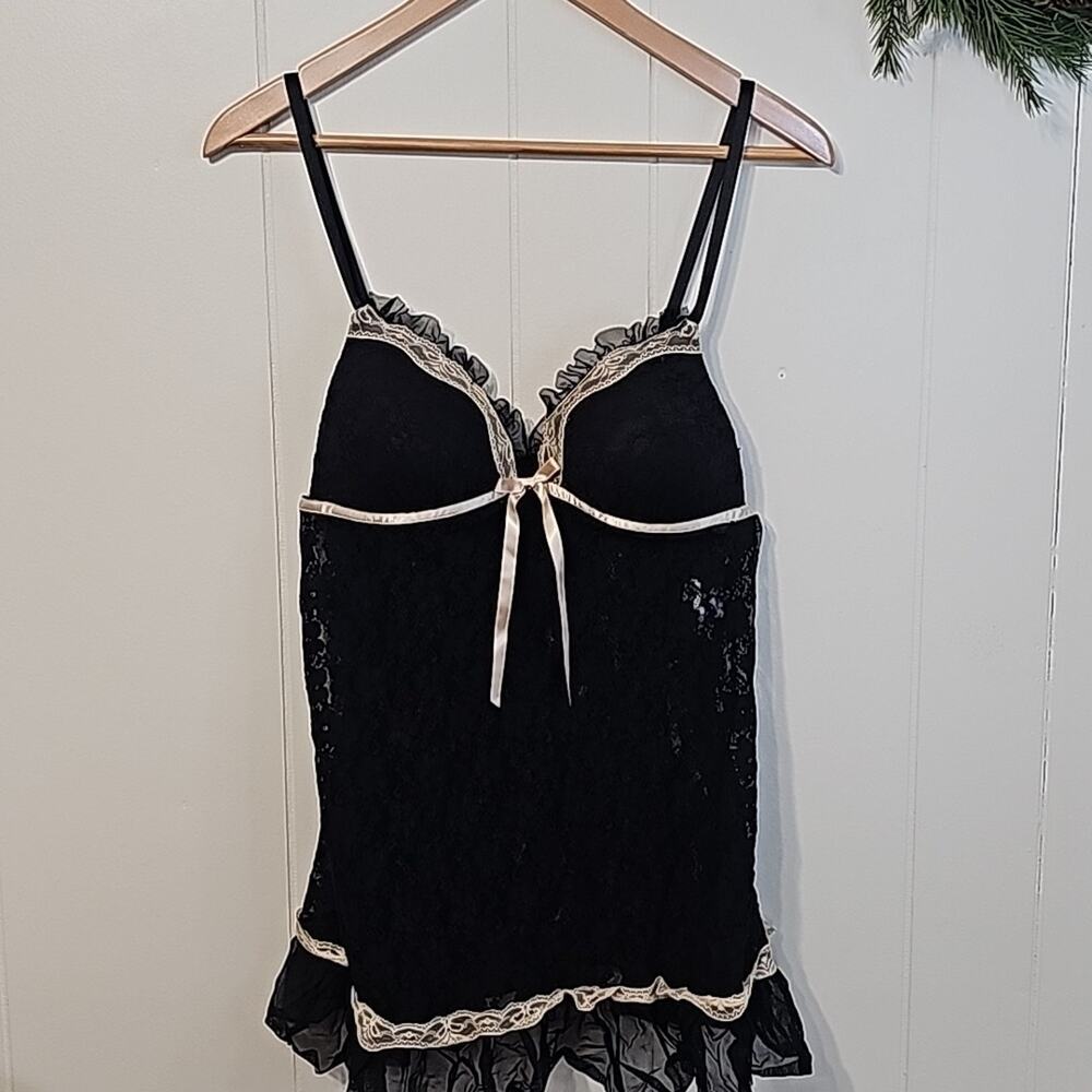 Linea Donatella Babydoll Lingerie Slipdress Set Womens L Lace Black Padded Bra